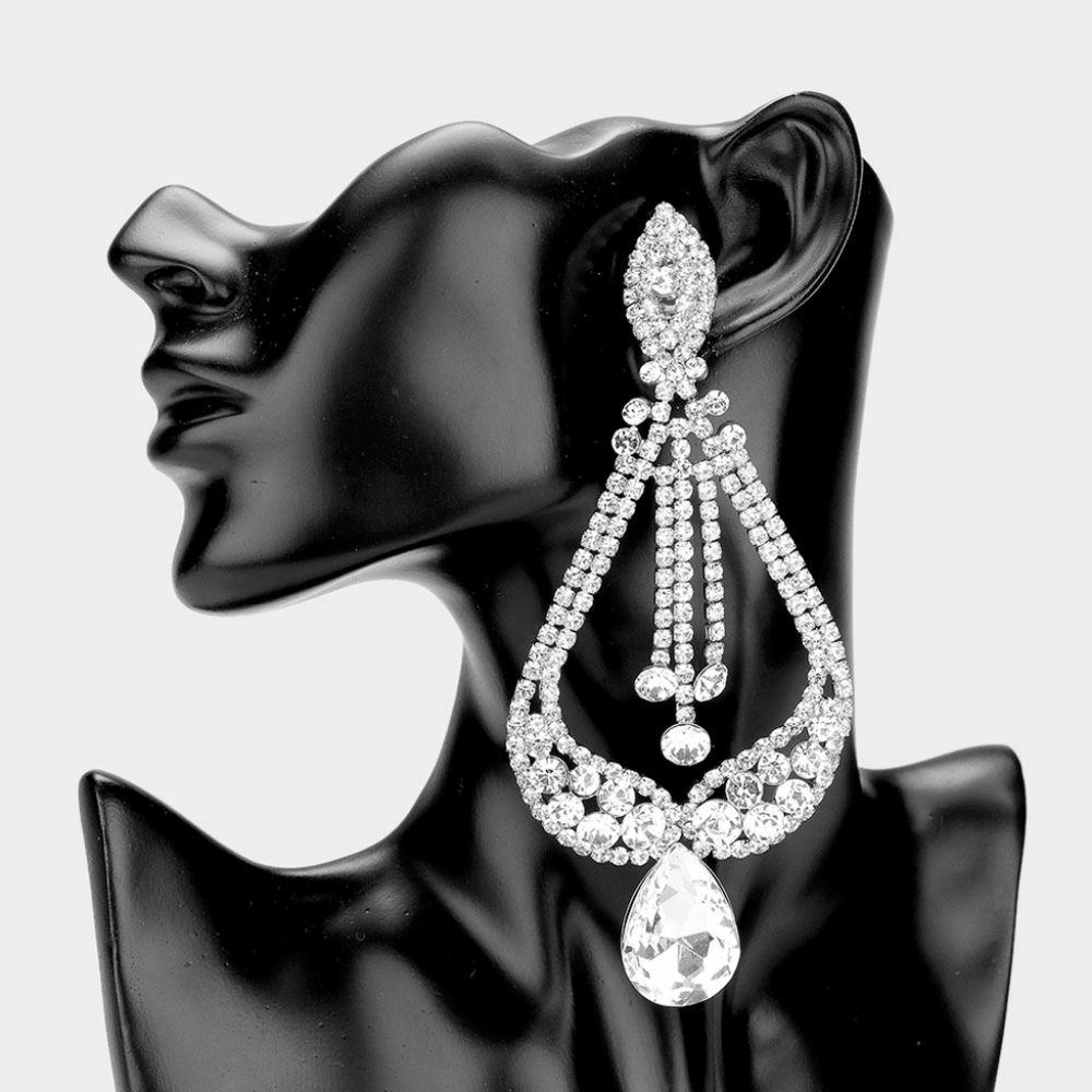 Silver Crystal Clip On Oversized Dangle Earrings